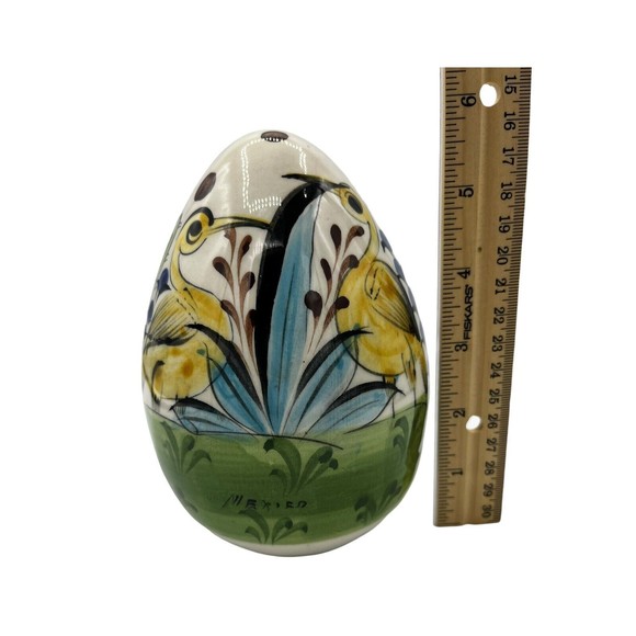 Mexican Pottery Handpainted & Glazed Egg Tonala Style Yellow Birds Cactus 6” Egg - Picture 8 of 9